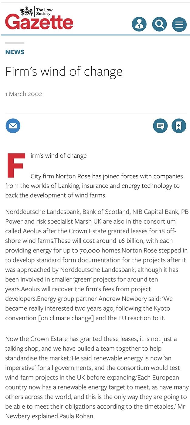 Law Society Gazette, 1 March 2002, "...Energy partner Andrew Newbery said..." Law Society Gazette, 1 March 2002, "...Energy partner Andrew Newbery said..."