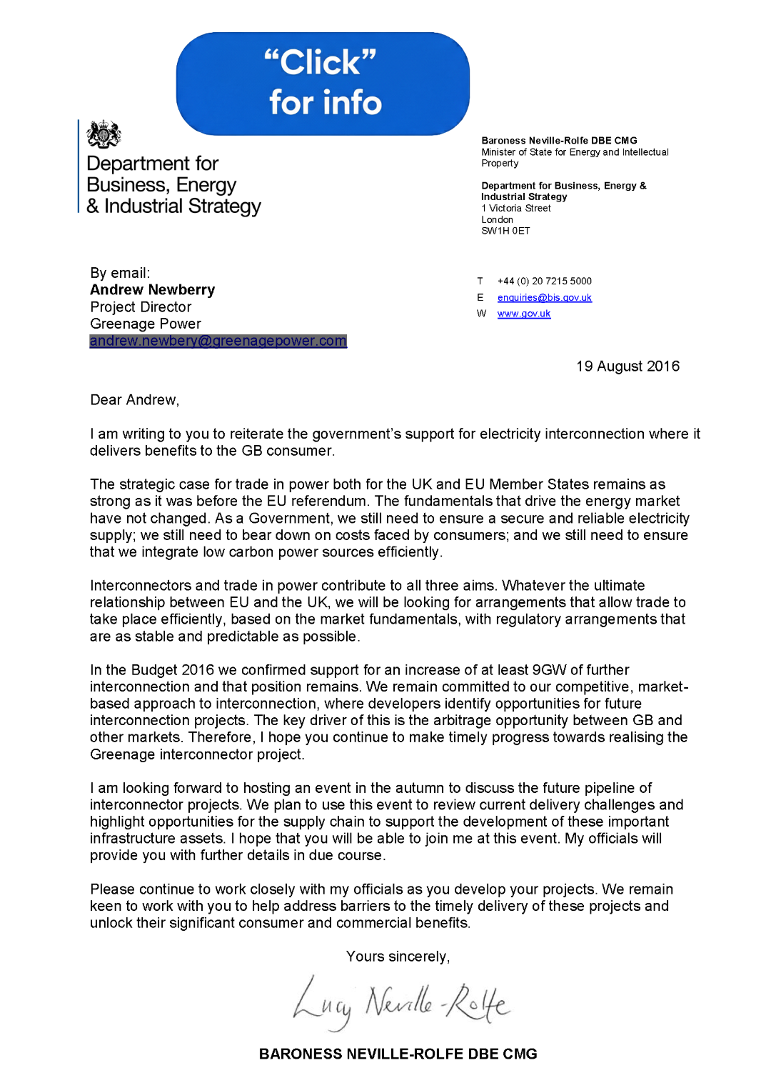 Minister of State for Energy letter to Andrew Newbery, co-founder of NeuConnect, 19 August 2016 Minister of State for Energy letter to Andrew Newbery, co-founder of NeuConnect, 19 August 2016